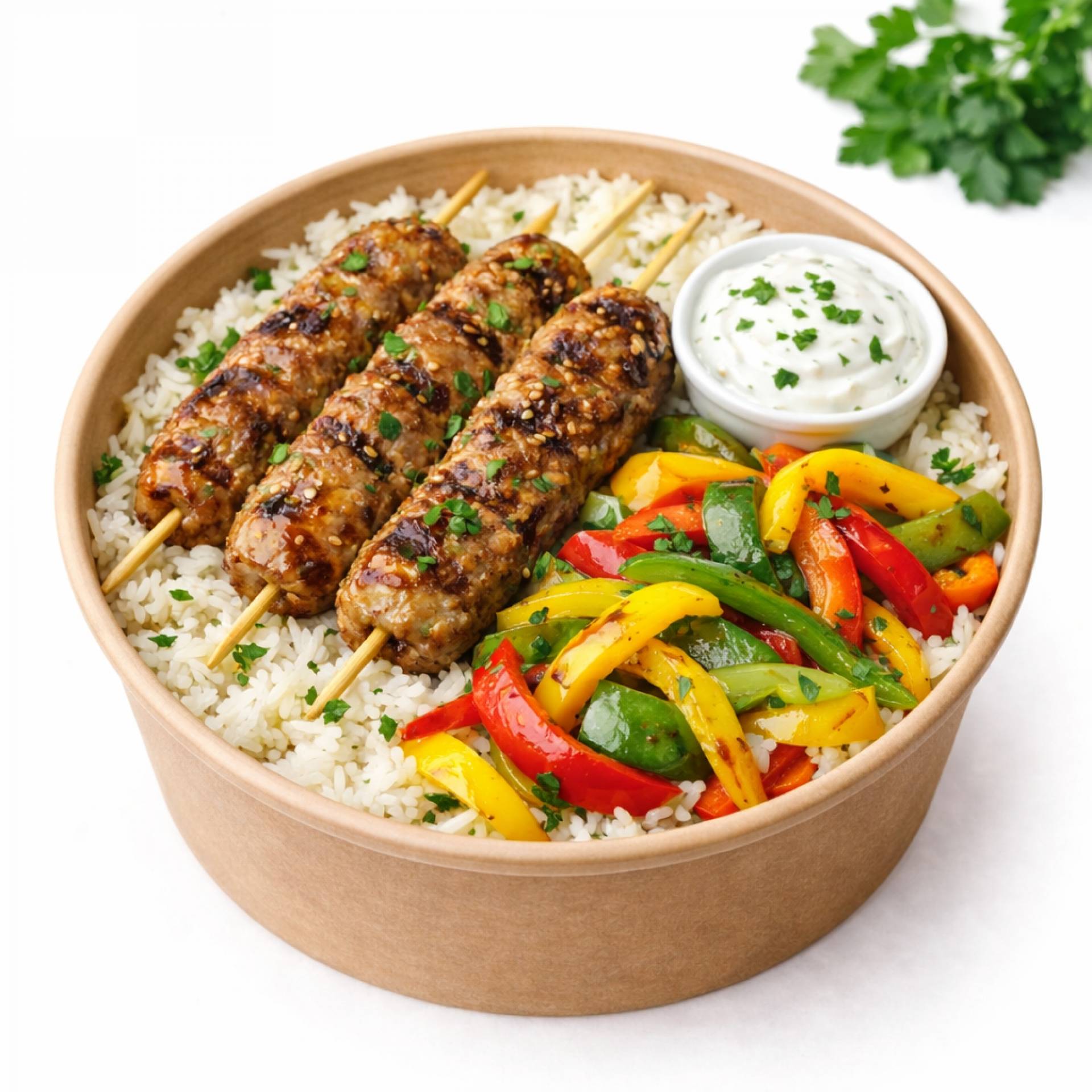 Chicken Kofte with Basmati Rice, Peppers & Mint Sauce